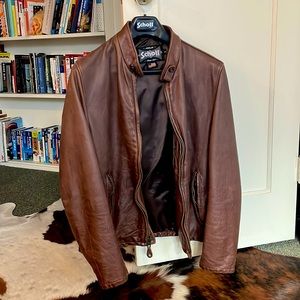 Schott Men’s Vintaged Cowhide Café Racer Leather Jacket - Large (wears Medium)